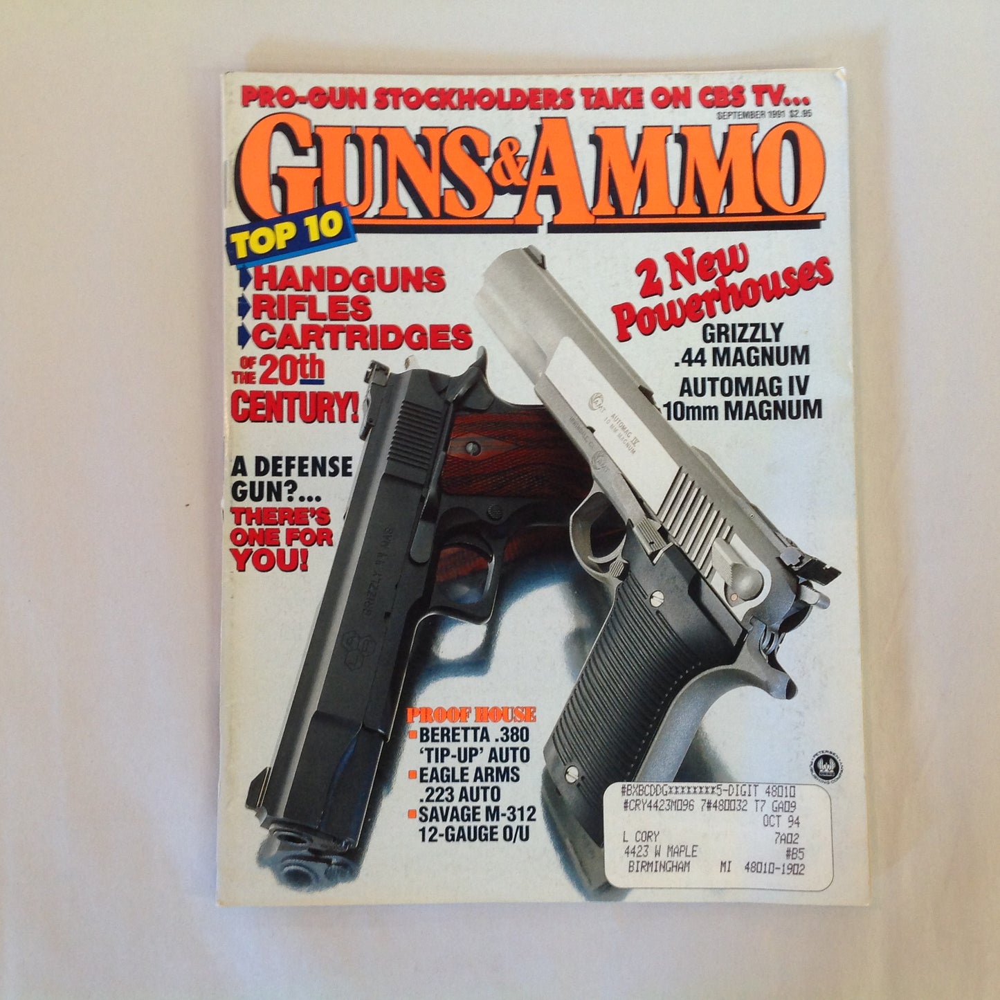 Vintage Sep 1991 Guns & Ammo Magazine Top 1 Handguns Rifles Cartridges of the 20th Century