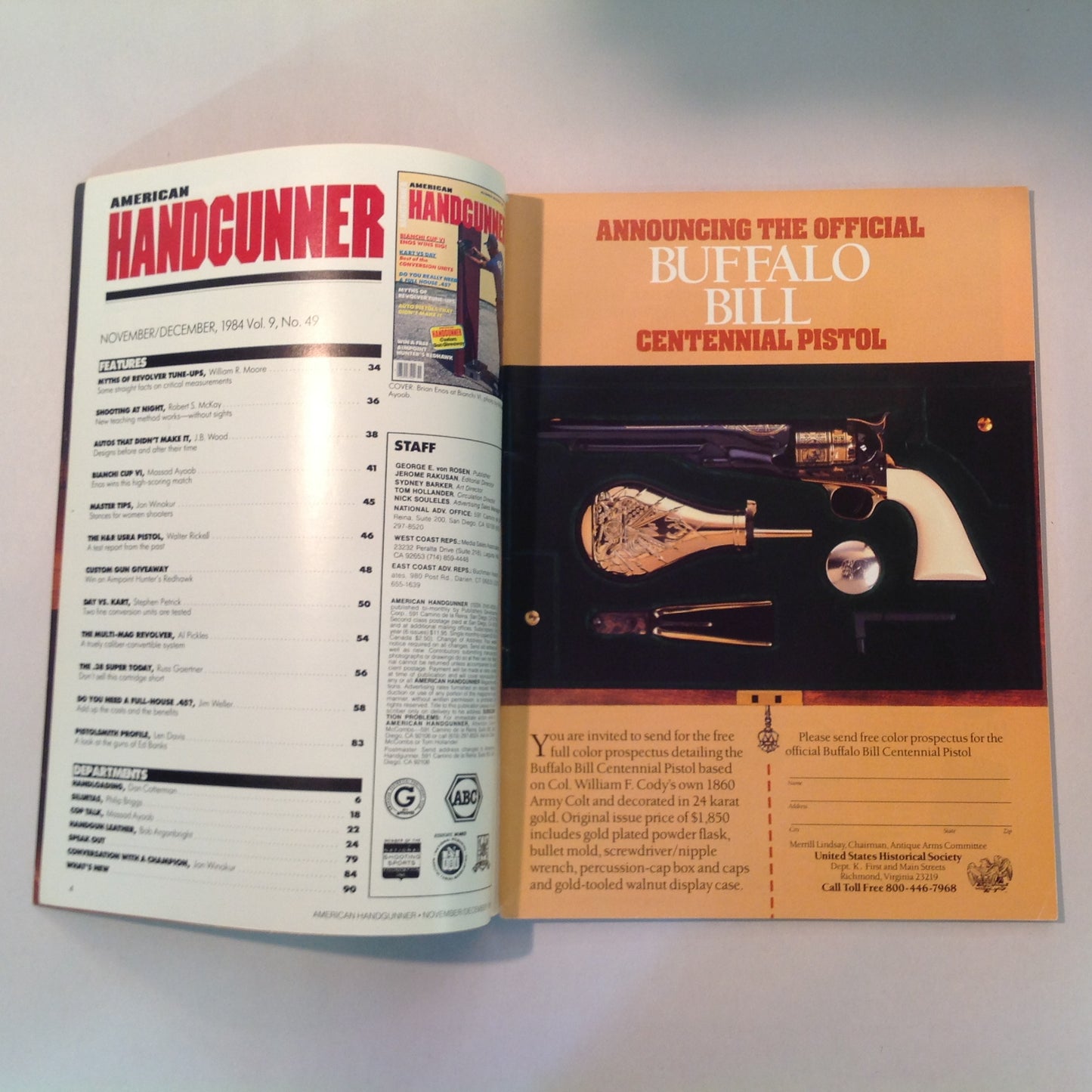 Vintage Nov/Dec 1984 American Handgunner Magazine .38 Super Today Bianchi Cup VI Full House .45 Auto Pistols That Didn't Make It