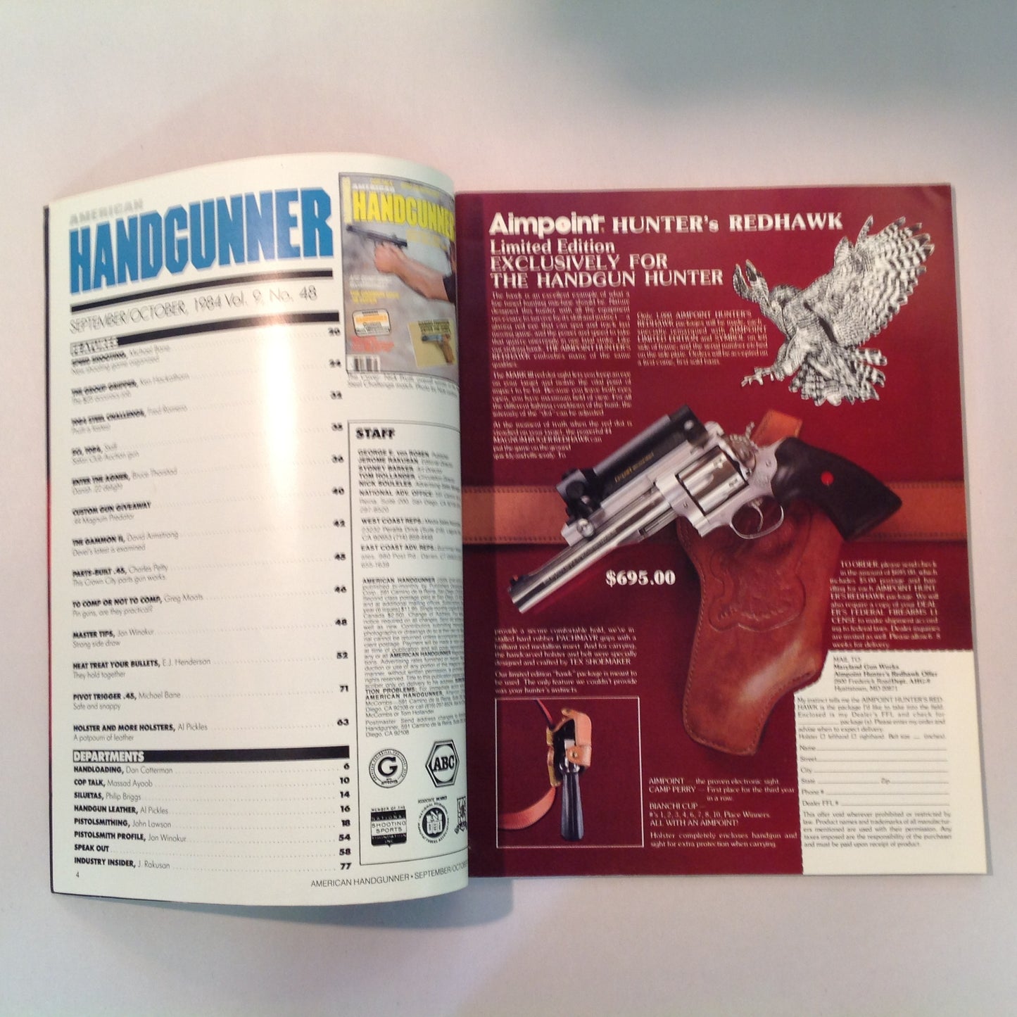 Vintage Sep/Oct 1984 American Handgunner Magazine Nick Pruitt Wins Steel Challenge 1984 Comp Guns Gammon .38 Super Danish Precision: Enter the Agner