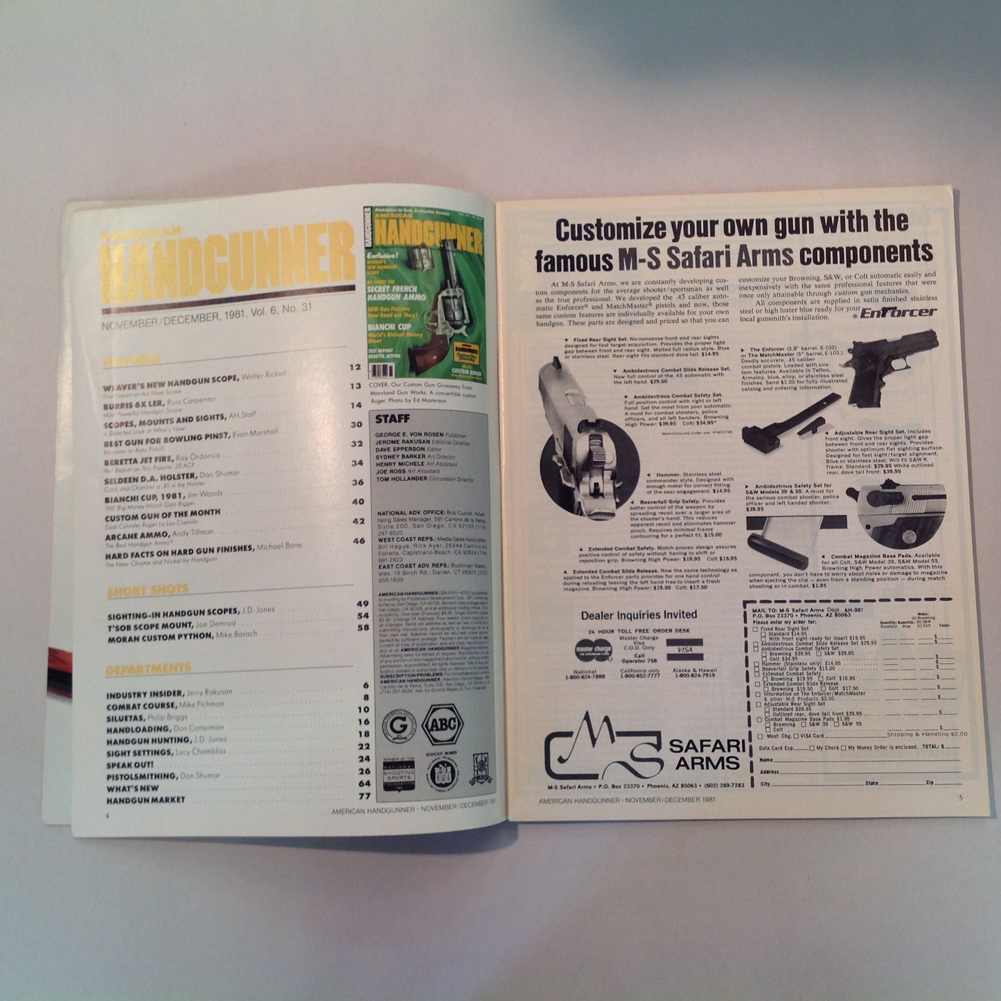 Vintage Nov/Dec 1981 American Handgunner Magazine Weaver Handgun Scope Secret French Handgun Ammo Bianchi Cup Beretta Jetfire
