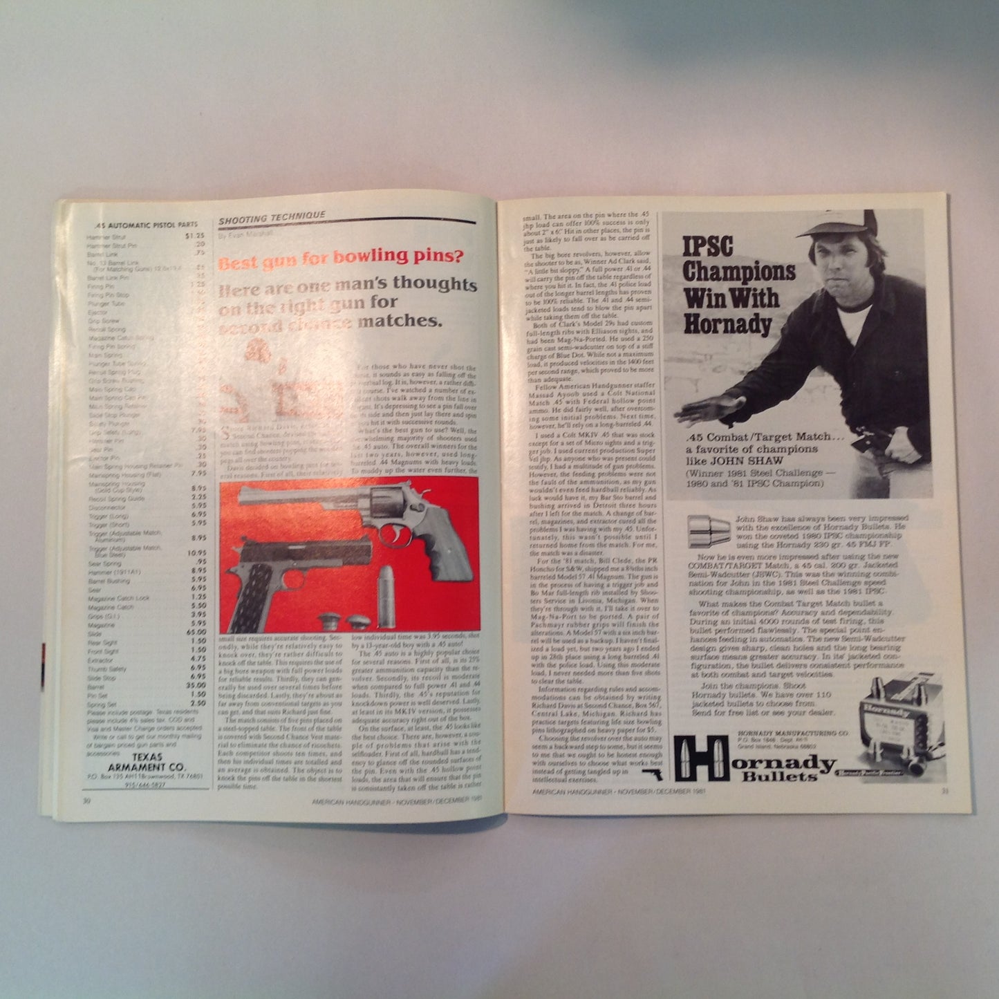 Vintage Nov/Dec 1981 American Handgunner Magazine Weaver Handgun Scope Secret French Handgun Ammo Bianchi Cup Beretta Jetfire