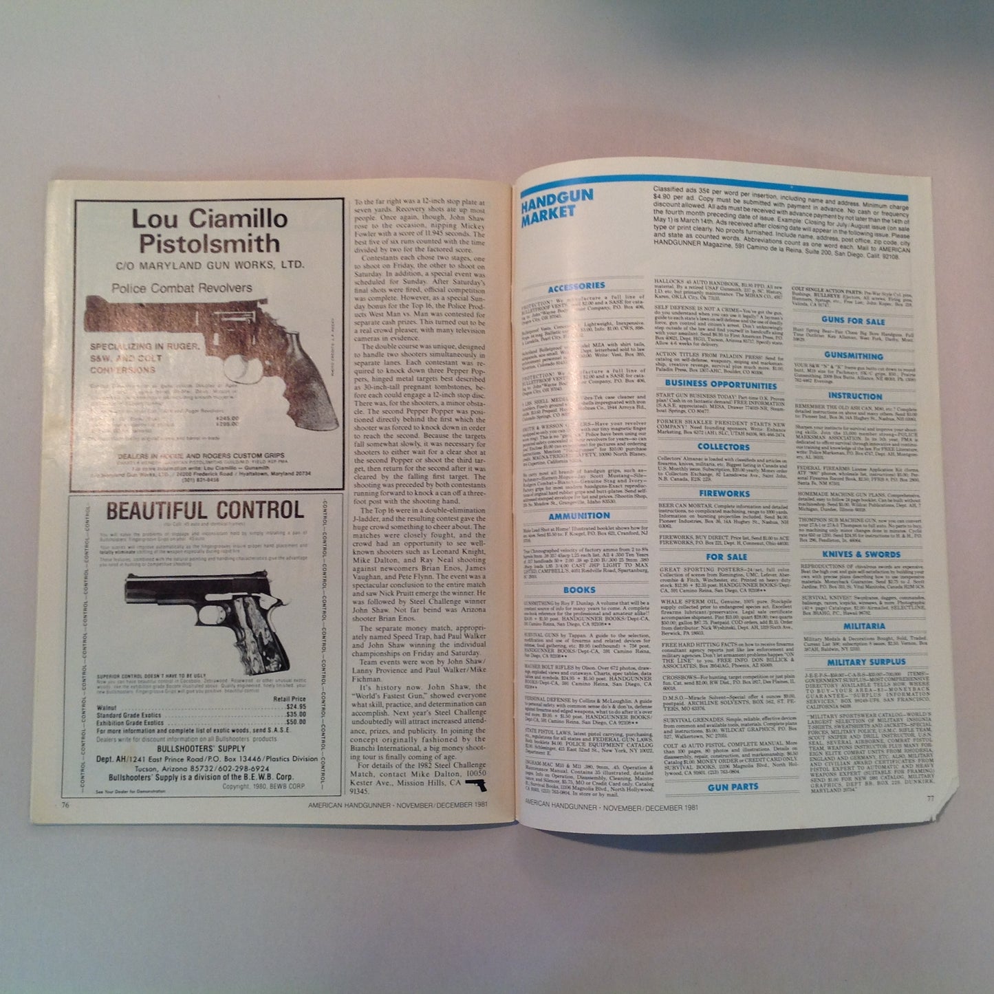 Vintage Nov/Dec 1981 American Handgunner Magazine Weaver Handgun Scope Secret French Handgun Ammo Bianchi Cup Beretta Jetfire