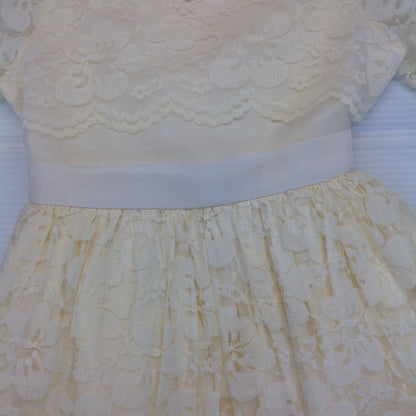 Vintage 1980's Girls White Cream Communion Dress with Beaded Cross Necklace Lace
