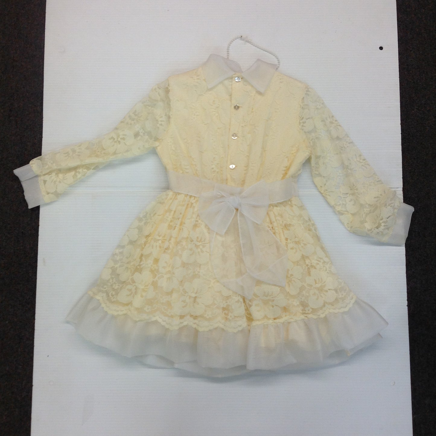 Vintage 1980's Girls White Cream Communion Dress with Beaded Cross Necklace Lace
