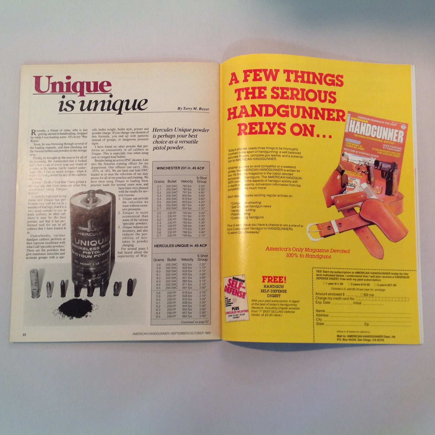Vintage Sep/Oct 1985 American Handgunner Magazine Steel Challenge Profile Jo Anne Hall Detonics Pocket Nine Davis Windmaster