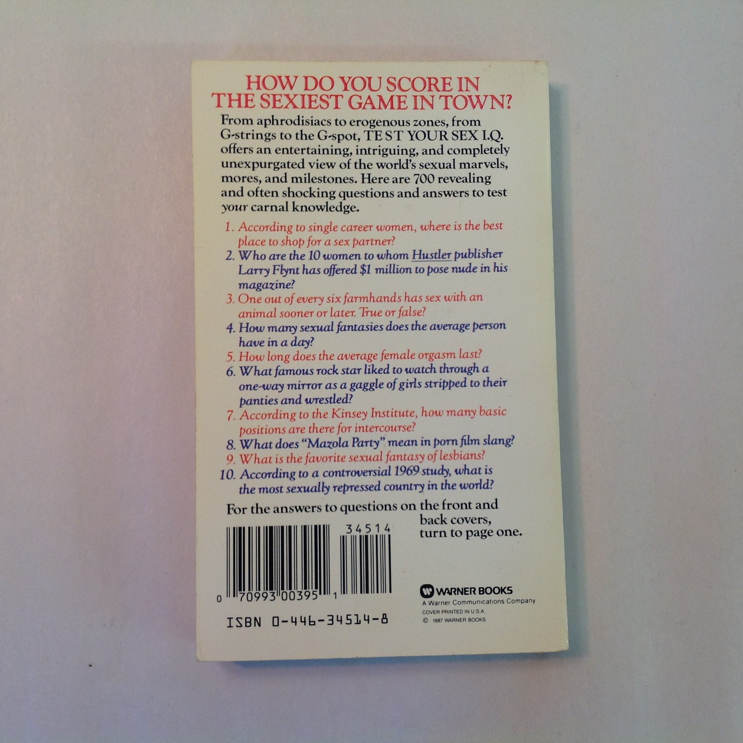 Vintage 1987 Mass Market Paperback Test Your Sex I.Q.: 700 Sexual Questions and Answers John Heidenry First Edition