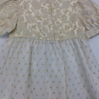 Vintage Child's Dress Cream White Gold Thread Rose Ribbon Belt