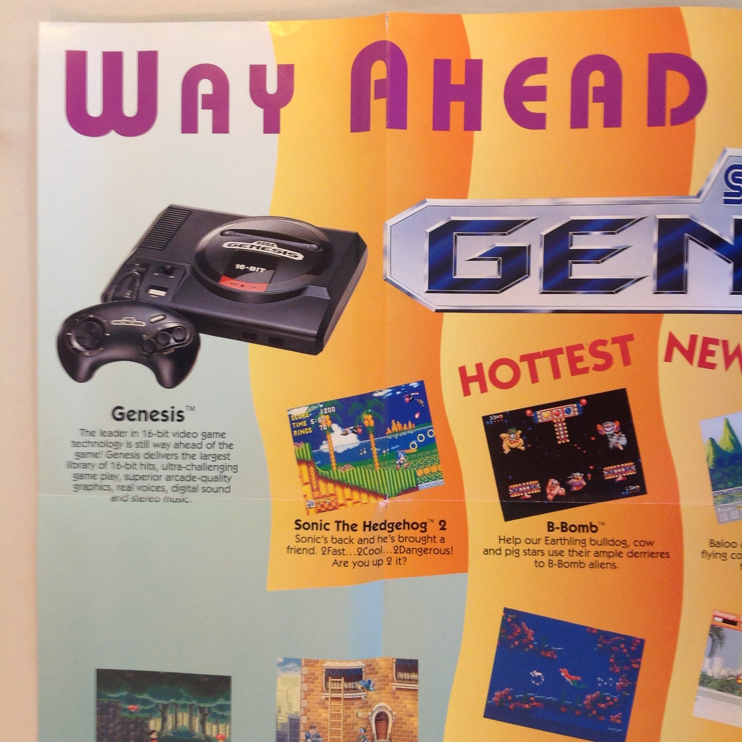 Vintage 1992 Sega Genesis Full Color Brochure Foldout Poster Batman Returns Sonic the Hedgehog 2