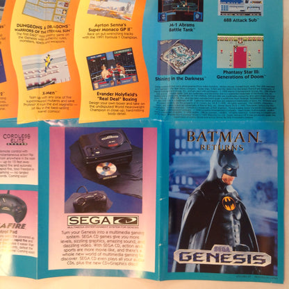 Vintage 1992 Sega Genesis Full Color Brochure Foldout Poster Batman Returns Sonic the Hedgehog 2