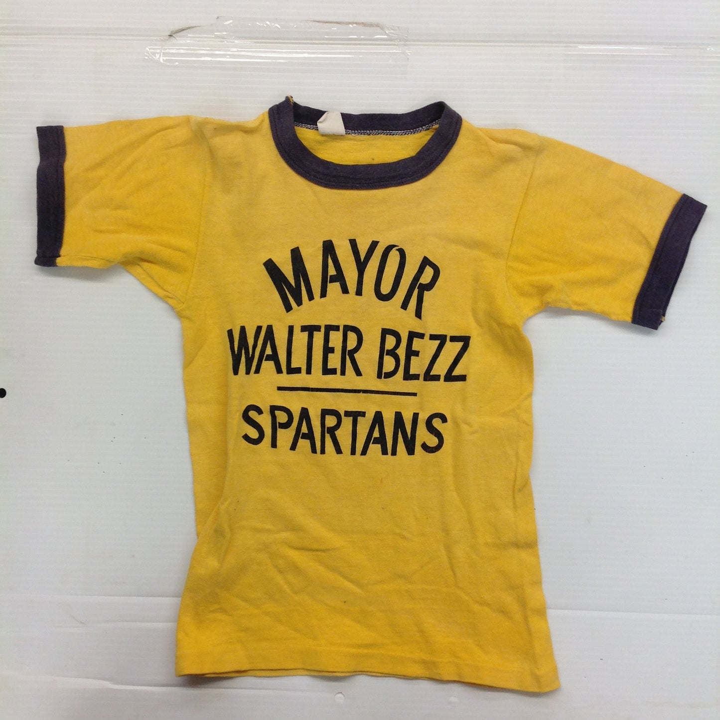 Vintage 1970's Child's Ringer Single Stitch Hem Medium T-Shirt Mayor Walter Bezz Spartans