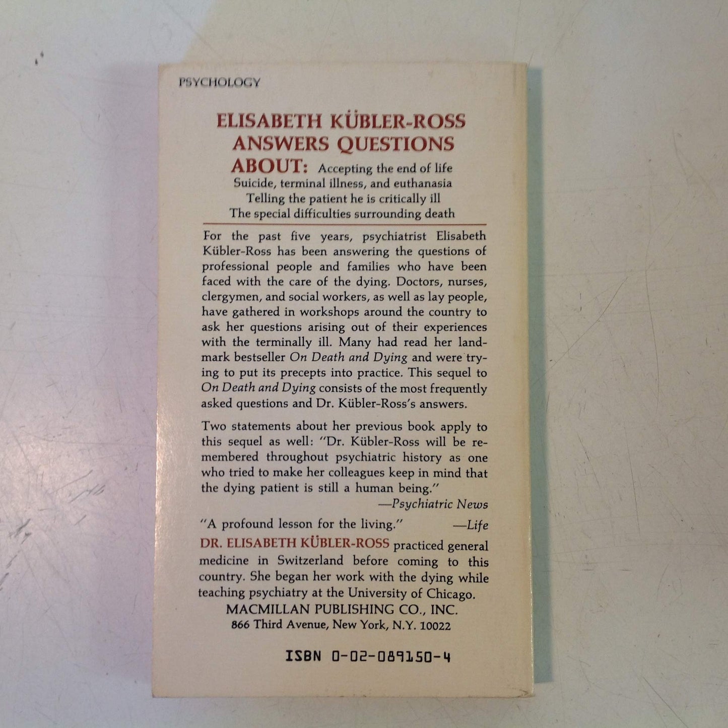 Vintage 1977 Mass Market Paperback Questions On Death and Dying Elizabeth Kubler-Ross