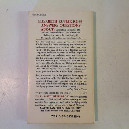 Vintage 1977 Mass Market Paperback Questions On Death and Dying Elizabeth Kubler-Ross