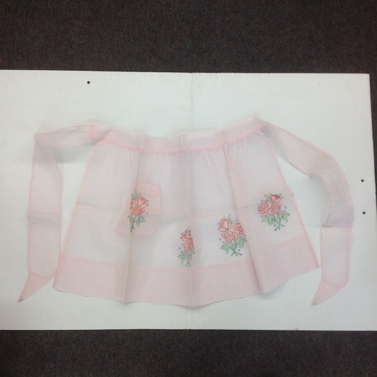 Vintage 1960's Pink Organza Apron with Multicolor Rose Prints