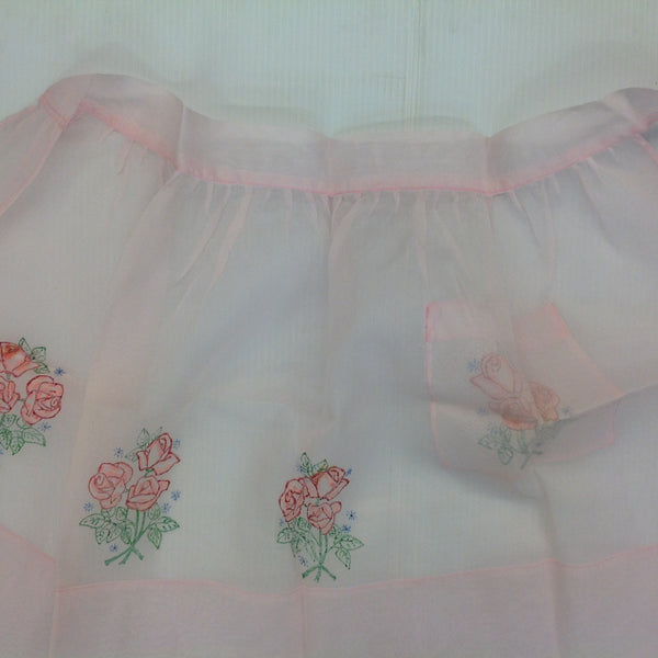 Vintage 1960's Pink Organza Apron with Multicolor Rose Prints