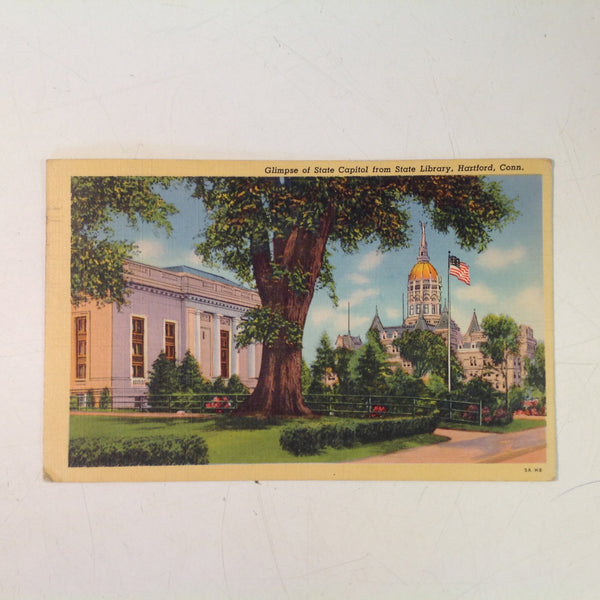 Vintage 1945 Cureteich Color Postcard Glimpse of State Capitol from State Library Hartford Connecticut