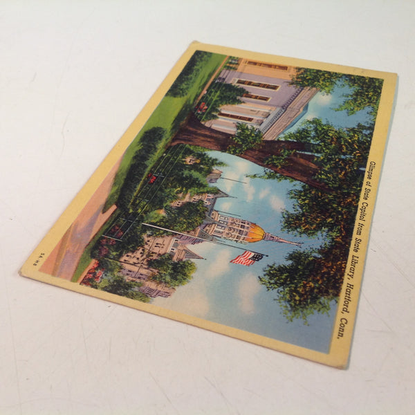 Vintage 1945 Cureteich Color Postcard Glimpse of State Capitol from State Library Hartford Connecticut