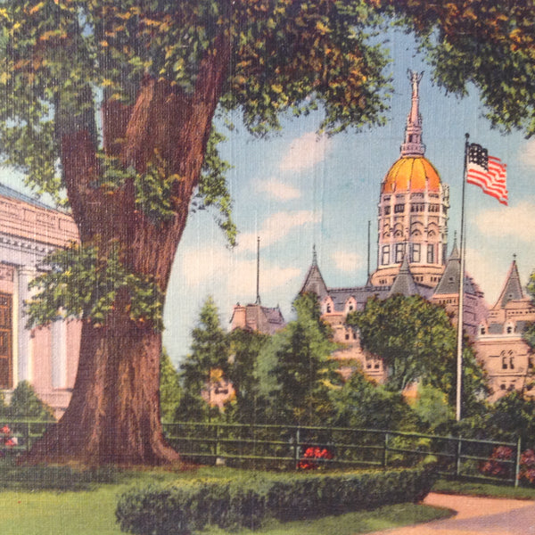 Vintage 1945 Cureteich Color Postcard Glimpse of State Capitol from State Library Hartford Connecticut