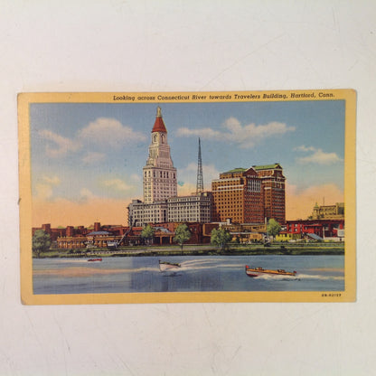 Vintage 1945 Curteich Color Postcard Looking Across Connecticut River Towards Travelers Building Insurance Capital of the World Hartford Connecticut