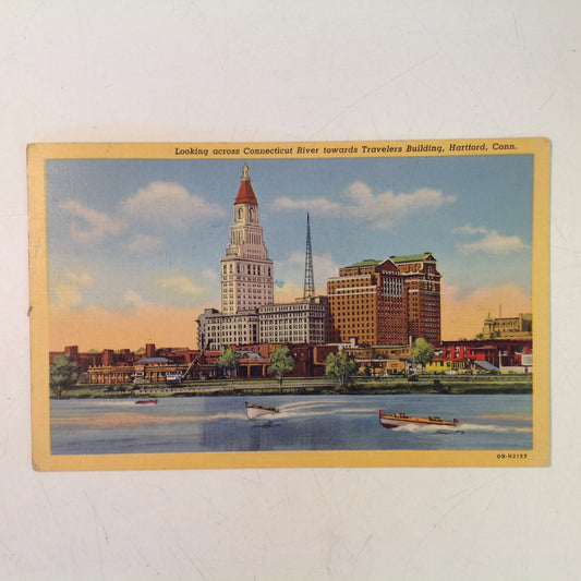 Vintage 1945 Curteich Color Postcard Looking Across Connecticut River Towards Travelers Building Insurance Capital of the World Hartford Connecticut