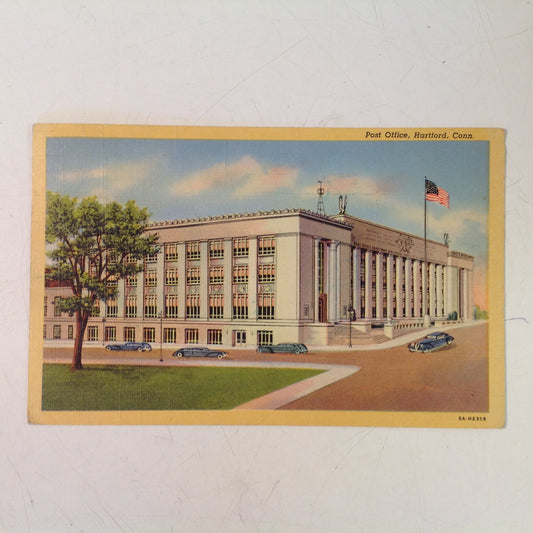 Vintage 1945 Curteich Art Colortone Color Postcard Post Office Exterior Hartford Connecticut