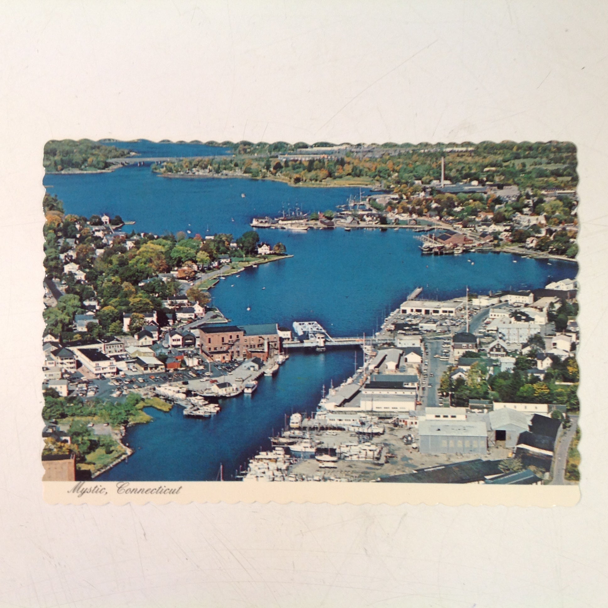 Vintage Deter Sovereign Book & Tackle Shop Souvenir Scalloped Edge Color Postcard Aerial View Mystic Connecticut
