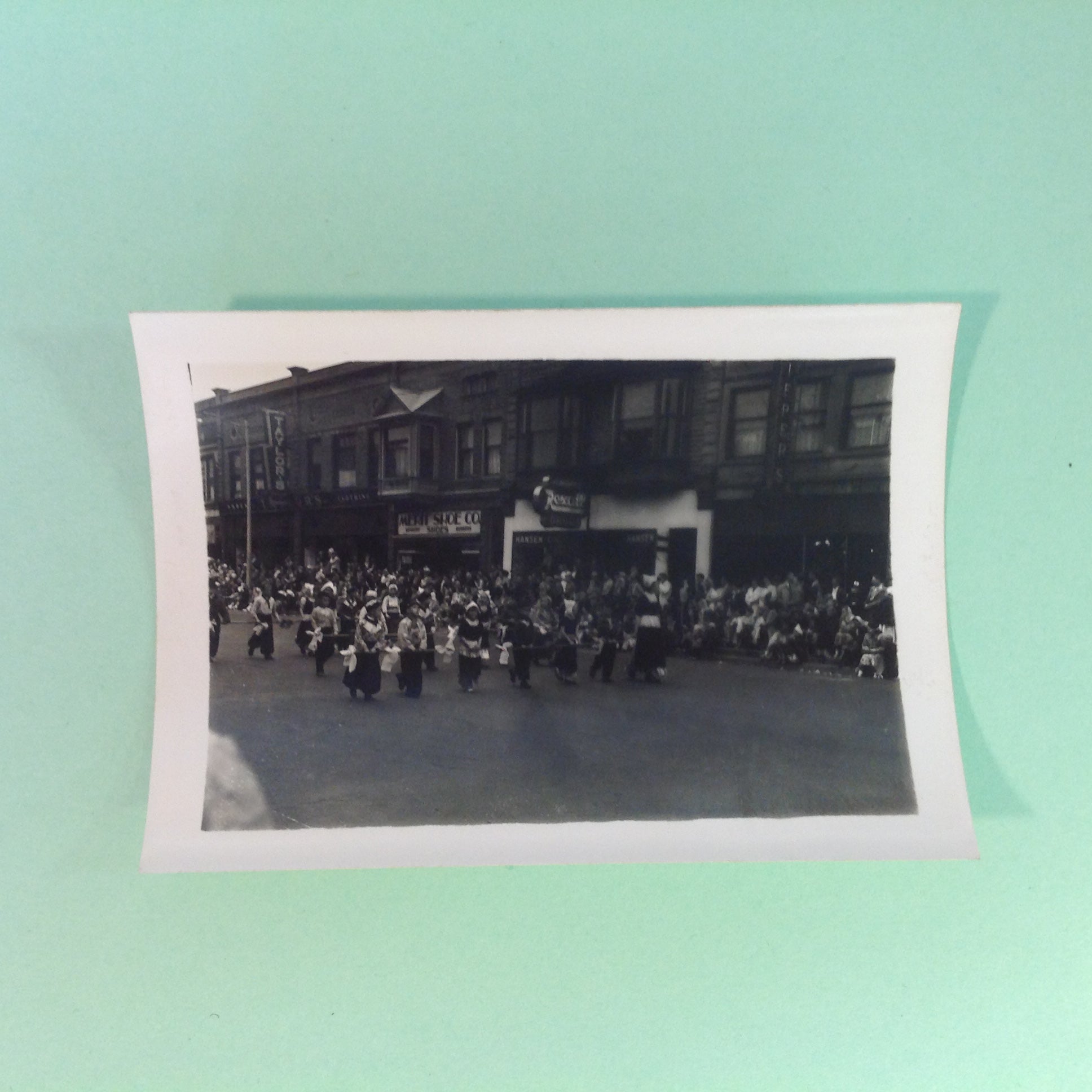 Vintage Mid Century B&W Photo Holland Michigan Tulip Festival Paraders March of the Little Dutch Children Past Rexall Drug