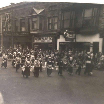 Vintage Mid Century B&W Photo Holland Michigan Tulip Festival Paraders March of the Little Dutch Children Past Rexall Drug