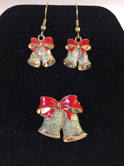 Vintage Goldtone Red Enamel Christmas Bells Brooch & Earring Set Glitter