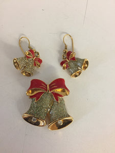 Vintage Goldtone Red Enamel Christmas Bells Brooch & Earring Set Glitter