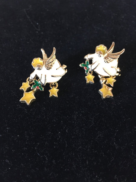 Vintage Goldtone Enamel Angel Pierced Earrings Front & Back Dangle