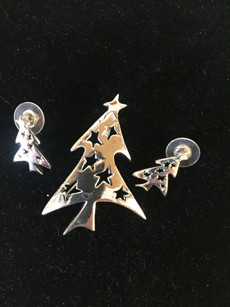 Vintage All Silvertone Christmas Tree Brooch Earring Set Modern MCM