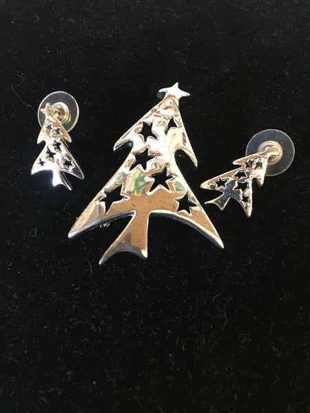 Vintage All Silvertone Christmas Tree Brooch Earring Set Modern MCM