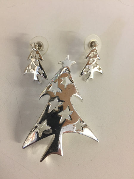 Vintage All Silvertone Christmas Tree Brooch Earring Set Modern MCM