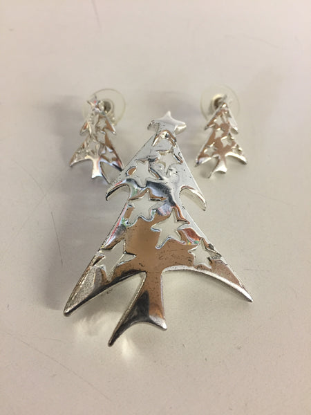 Vintage All Silvertone Christmas Tree Brooch Earring Set Modern MCM