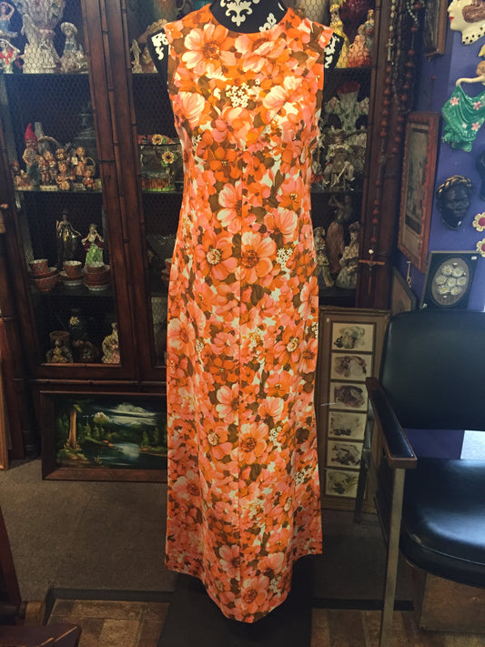 Vintage 1970's Bright Orange Floral Full Length Sleeveless Hawaiian Dress w/ Slits