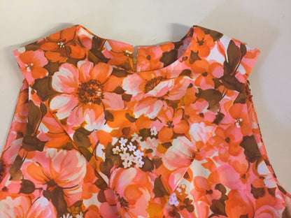 Vintage 1970's Bright Orange Floral Full Length Sleeveless Hawaiian Dress w/ Slits