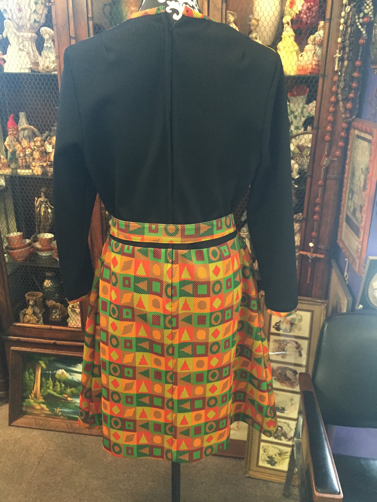 Vintage 1970's Long Sleeve Mini Skirt Dress W/ Belt Patterned Shapes Fun