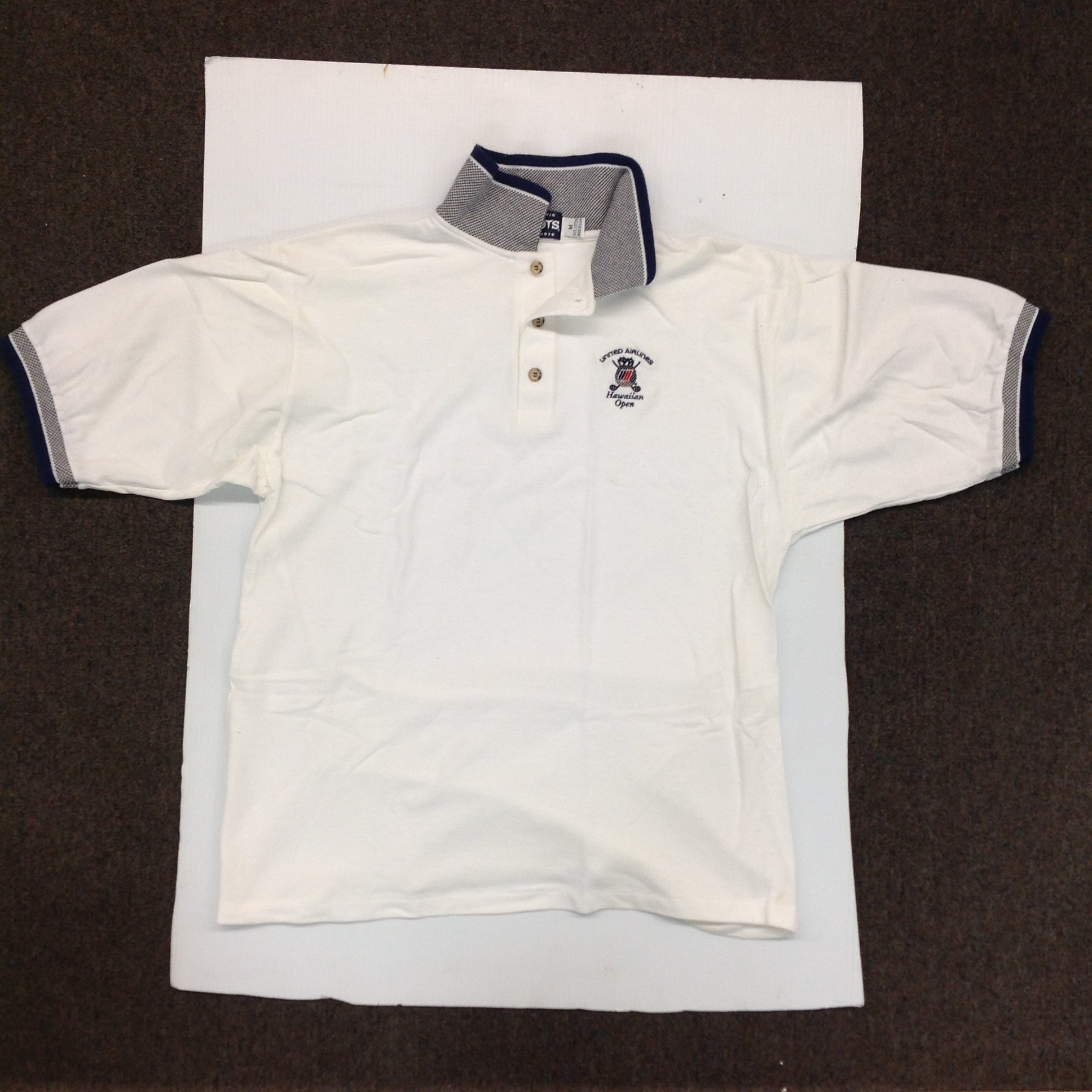 Vintage 1996 Authentic Divots White Cotton Men's Medium Souvenir United Airlines Hawaiian Open Golf Shirt
