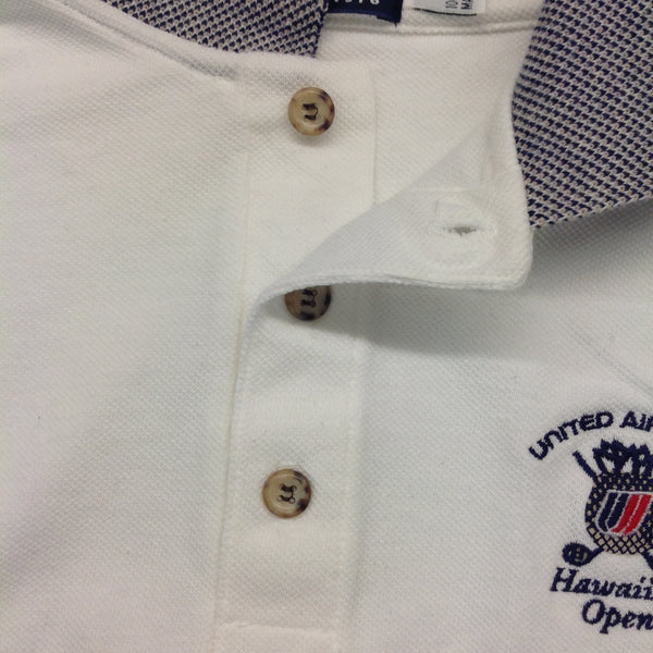 Vintage 1996 Authentic Divots White Cotton Men's Medium Souvenir United Airlines Hawaiian Open Golf Shirt