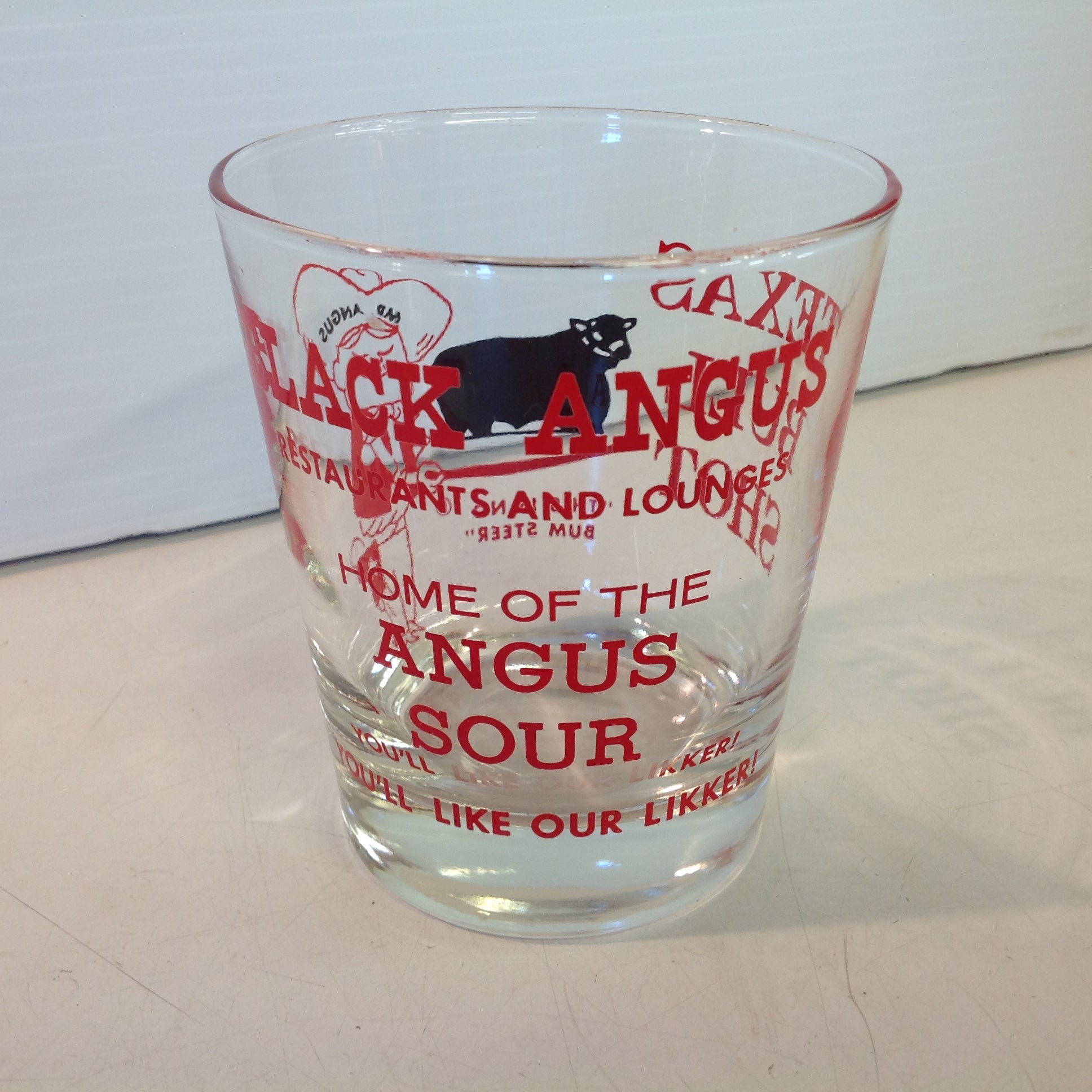 Vintage 1970's Souvenir Black Angus Restaurants and Lounges TEXAS BULL SHOT Novelty Bar Glass