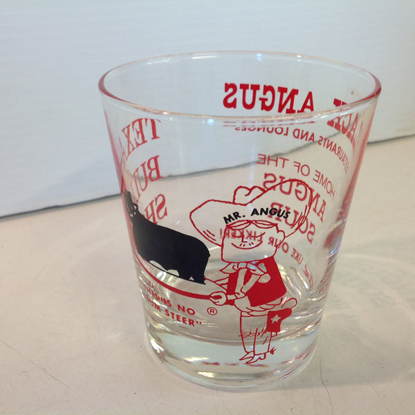 Vintage 1970's Souvenir Black Angus Restaurants and Lounges TEXAS BULL SHOT Novelty Bar Glass