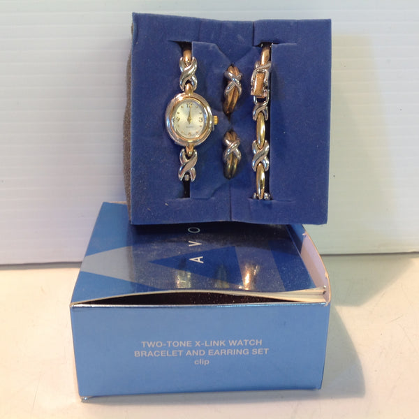 2004 NOS AVON Women's Two-Tone X-Link Watch Bracelet and Clip Earring Set w/Box