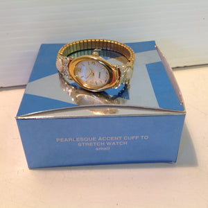 2004 NOS AVON Women's Small Goldtone Pearlesque Accent Cuff to Stretch Watch/Box