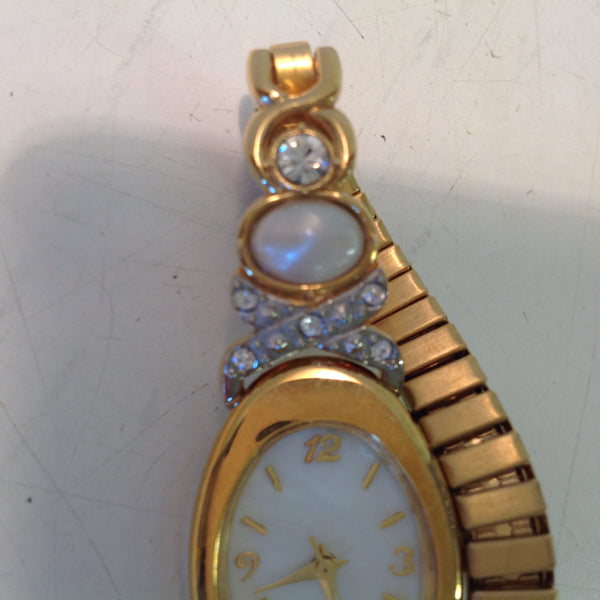 2004 NOS AVON Women's Small Goldtone Pearlesque Accent Cuff to Stretch Watch/Box