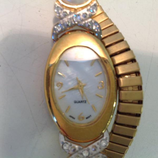 2004 NOS AVON Women's Small Goldtone Pearlesque Accent Cuff to Stretch Watch/Box