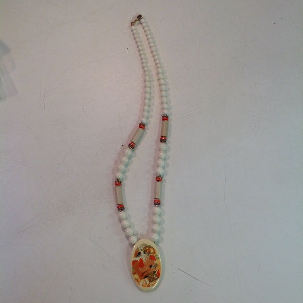 Vintage White Plastic Beaded Necklace with Enamel Autumn Foliage Pendant