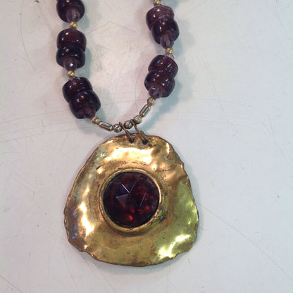 Vintage Translucent Wine Lavender Beaded Necklace with Hammered Goldtone Pendant and Violet Centerpiece