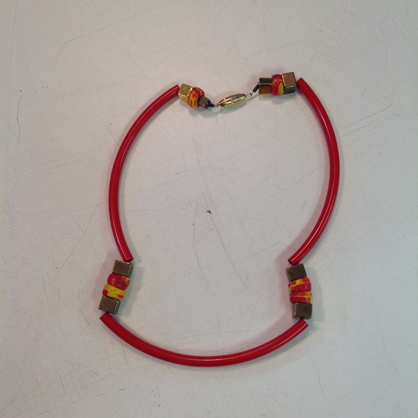 Vintage Red Plastic Tubing with Brass Orange and Yellow Beaded Choker