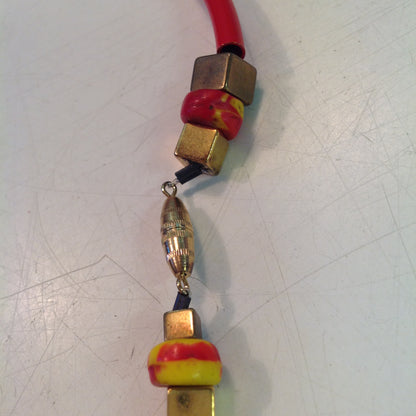 Vintage Red Plastic Tubing with Brass Orange and Yellow Beaded Choker