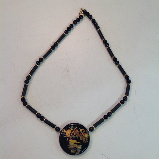 Vintage Black Plastic Pendant Necklace with Asiatic Abstract Gold Fleck Painting